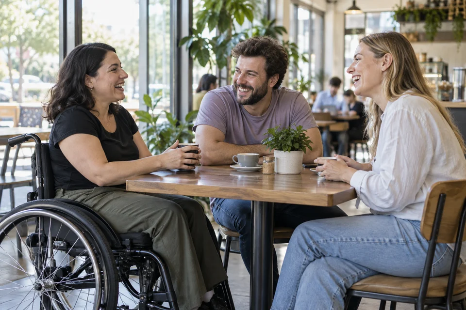 Illustrative photo of a wheelchair user enjoying coffee and conversation with friends