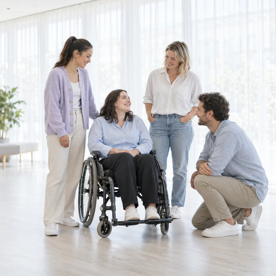 Illustrative care scene of a wheelchair user in conversation with support people