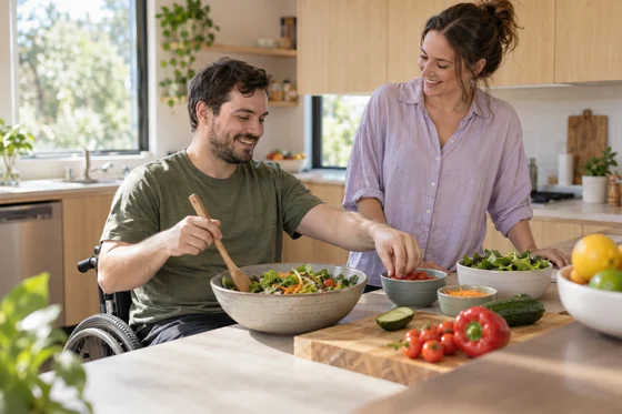 Illustrative photo of a participant preparing food with a support person